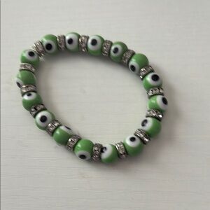 Green Beaded Evil Eye Bracelet with Silver Accents